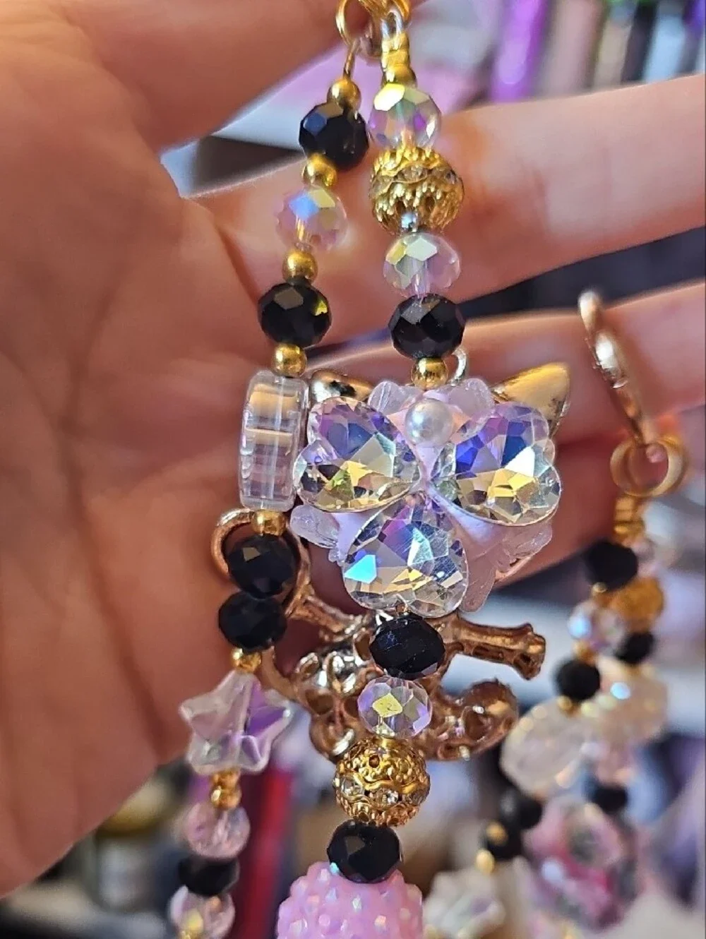 Pink Crystal Cat Pendant Purse Charm